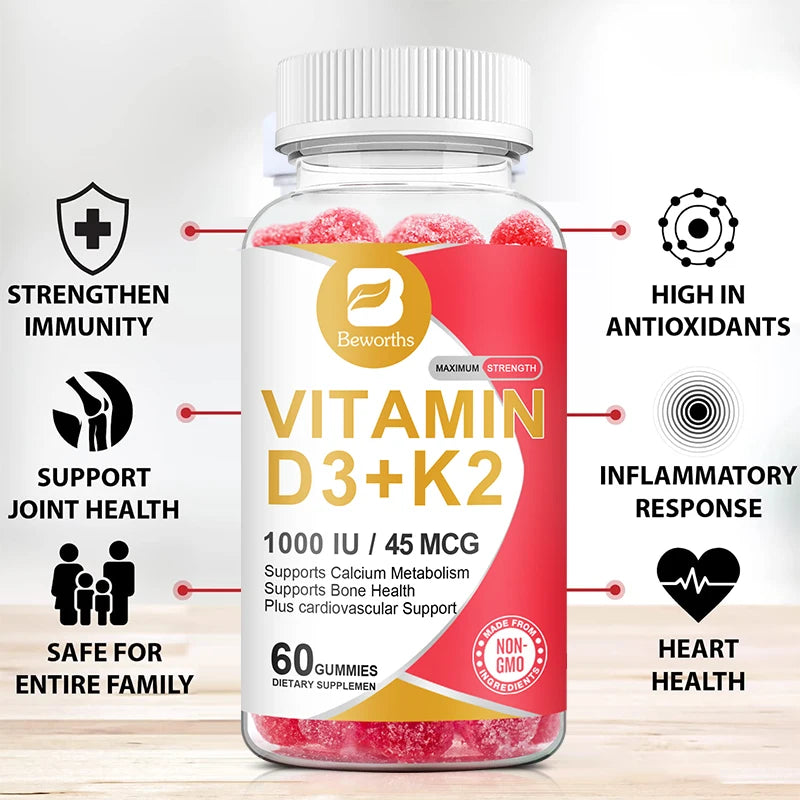 Maximum Strength Vitamin D3+K2 Gummies | 1000 IU/45 MCG | 60 Non-GMO Bone & Heart Support - GlobalAiStore